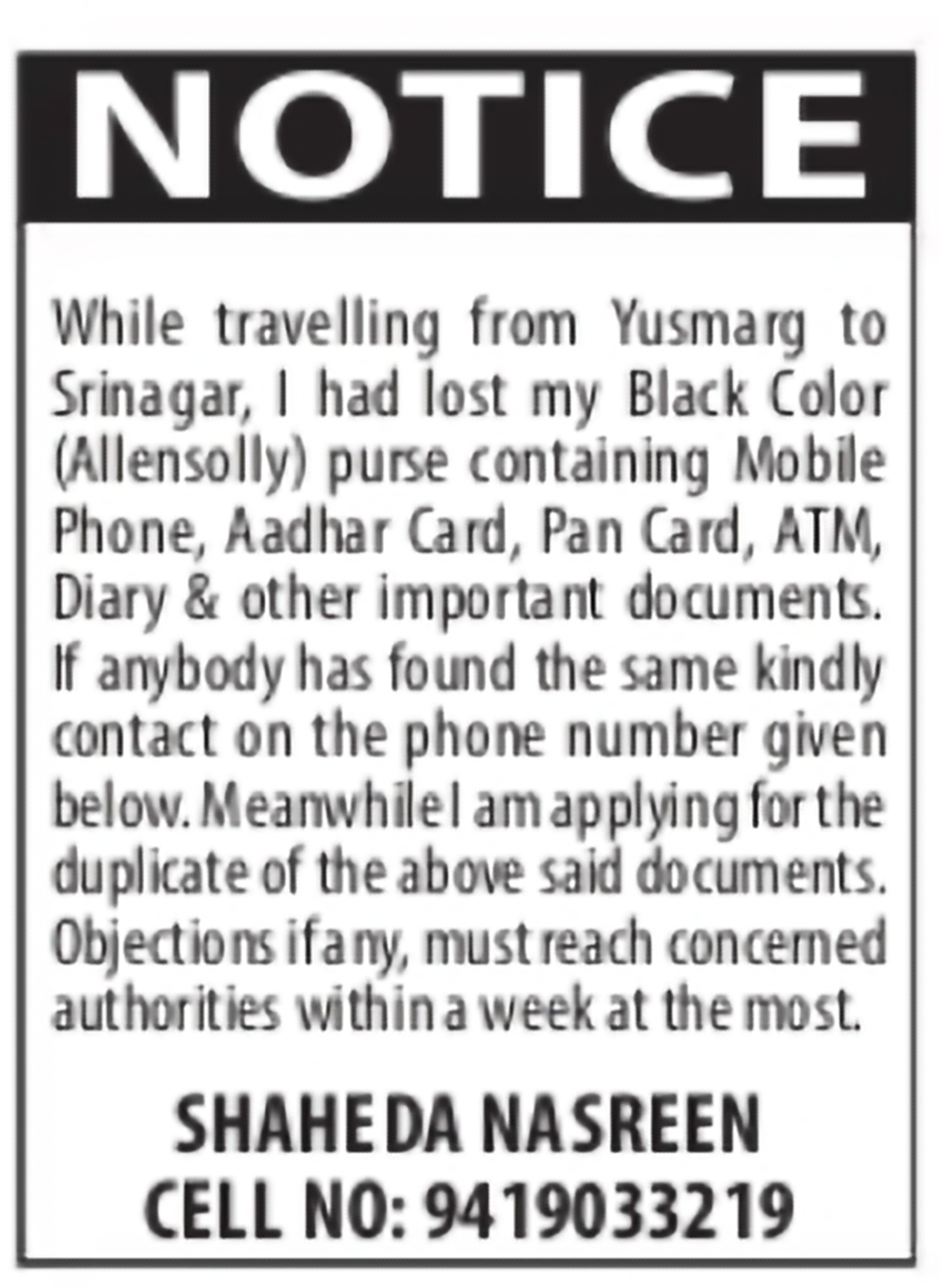 Lost Purse and Important Documents Notice