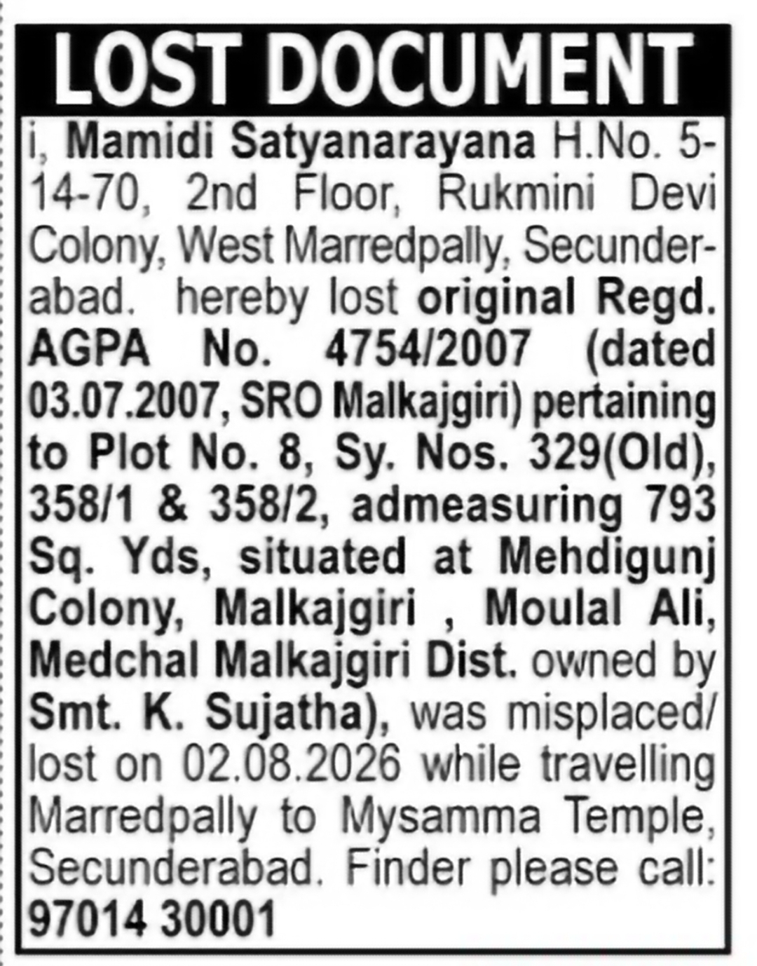 Lost Registered AGPA Document – Malkajgiri