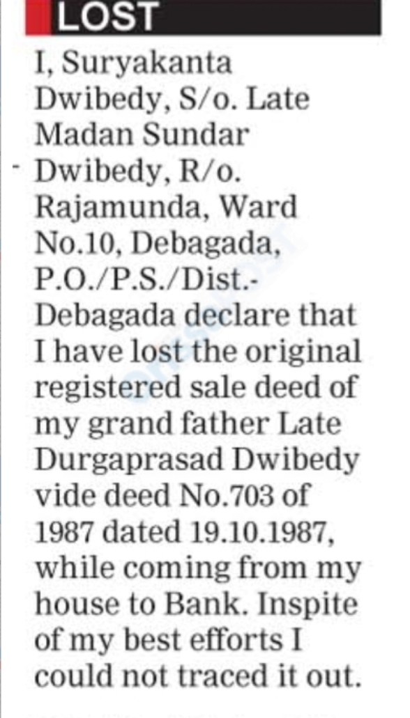 Lost Registered Sale Deed Notice – Debagarh