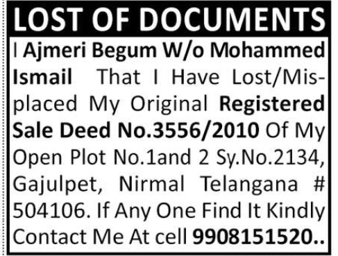 Lost Registered Sale Deed Notice – Nirmal