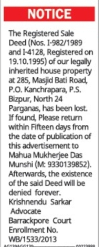 Lost Registered Sale Deed Notice