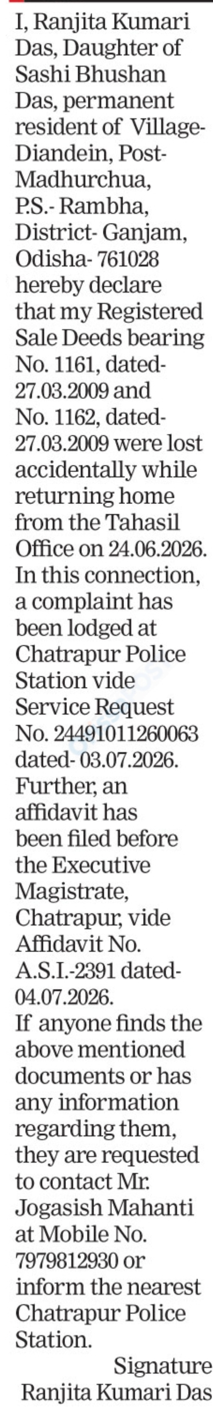 Lost Registered Sale Deeds Ranjita Kumari Das – Public Notice