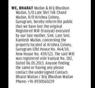 Lost Registered Will – Bharat Madan & Brij Bhushan Madan