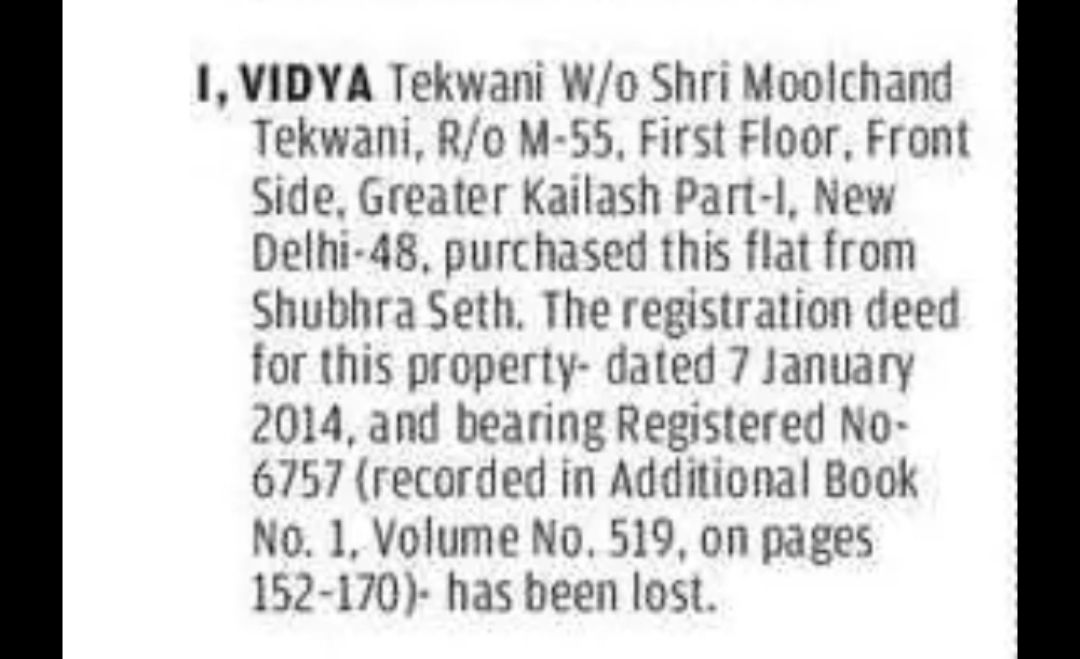 Lost Registration Deed Notice – Greater Kailash Property