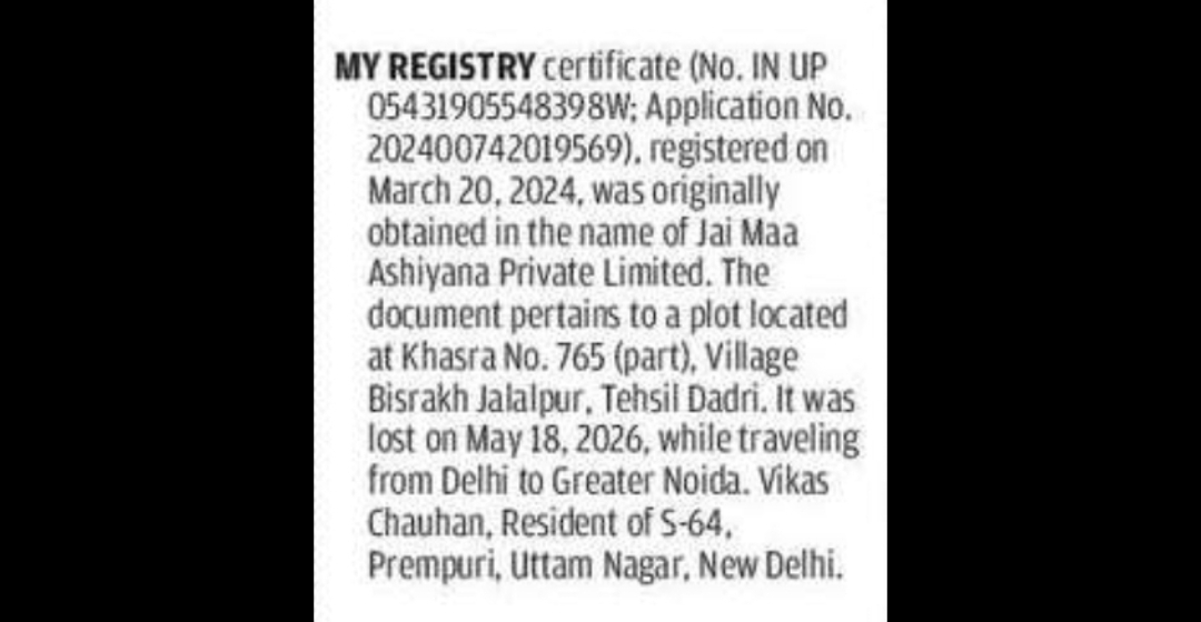 Lost Registry Certificate Notice (Greater Noida)
