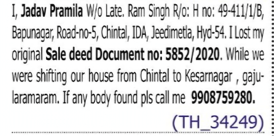 Lost Sale Deed Document – Jeedimetla, Hyderabad