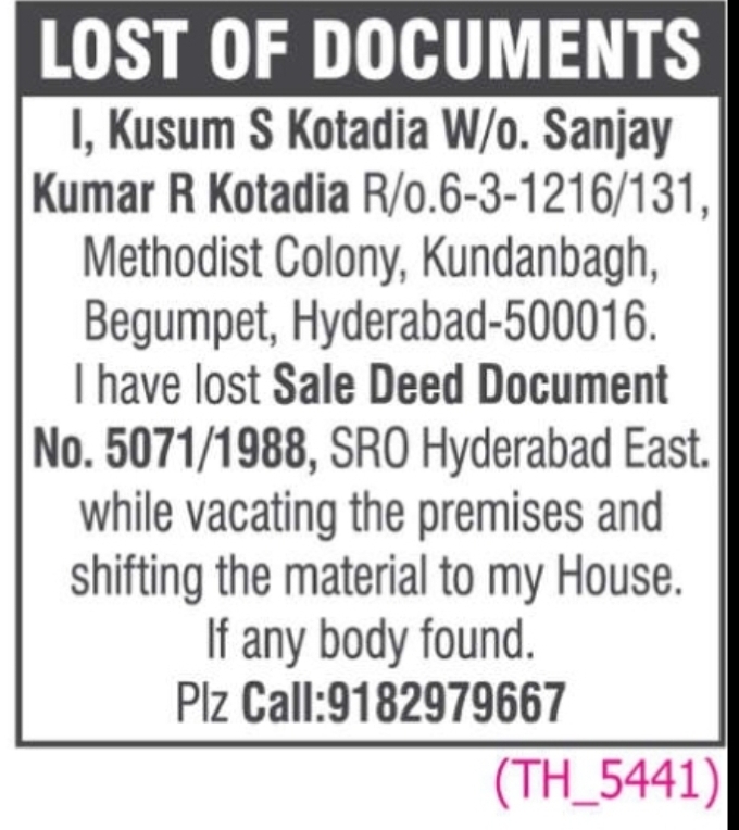 Lost Sale Deed Document Notice – Document No. 5071/1988