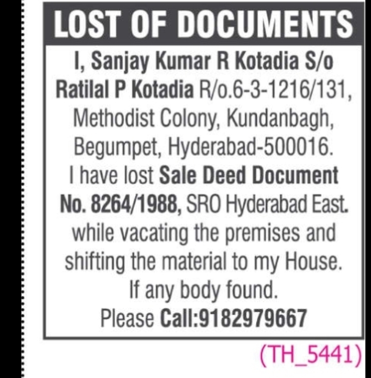 Lost Sale Deed Document Notice – Document No. 8264/1988