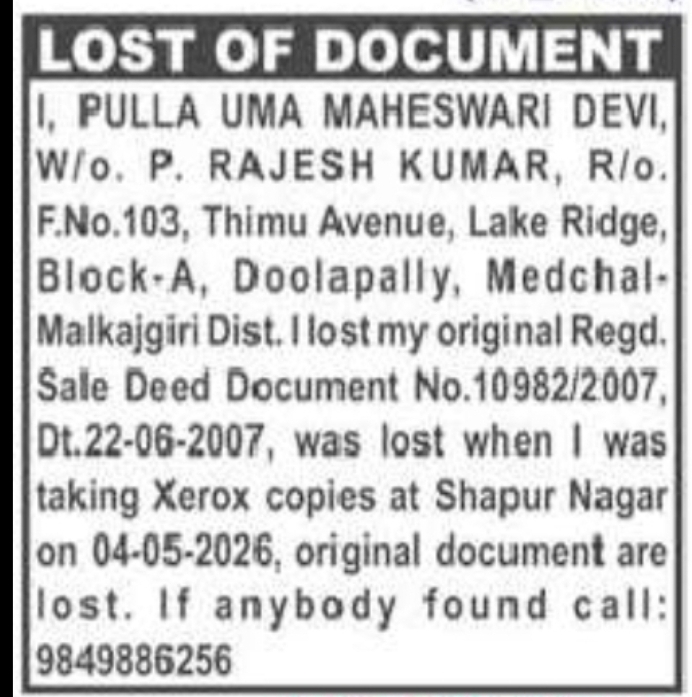 Lost Sale Deed Document Notice – Medchal-Malkajgiri