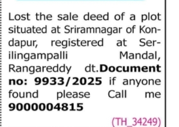 Lost Sale Deed – Kondapur Property
