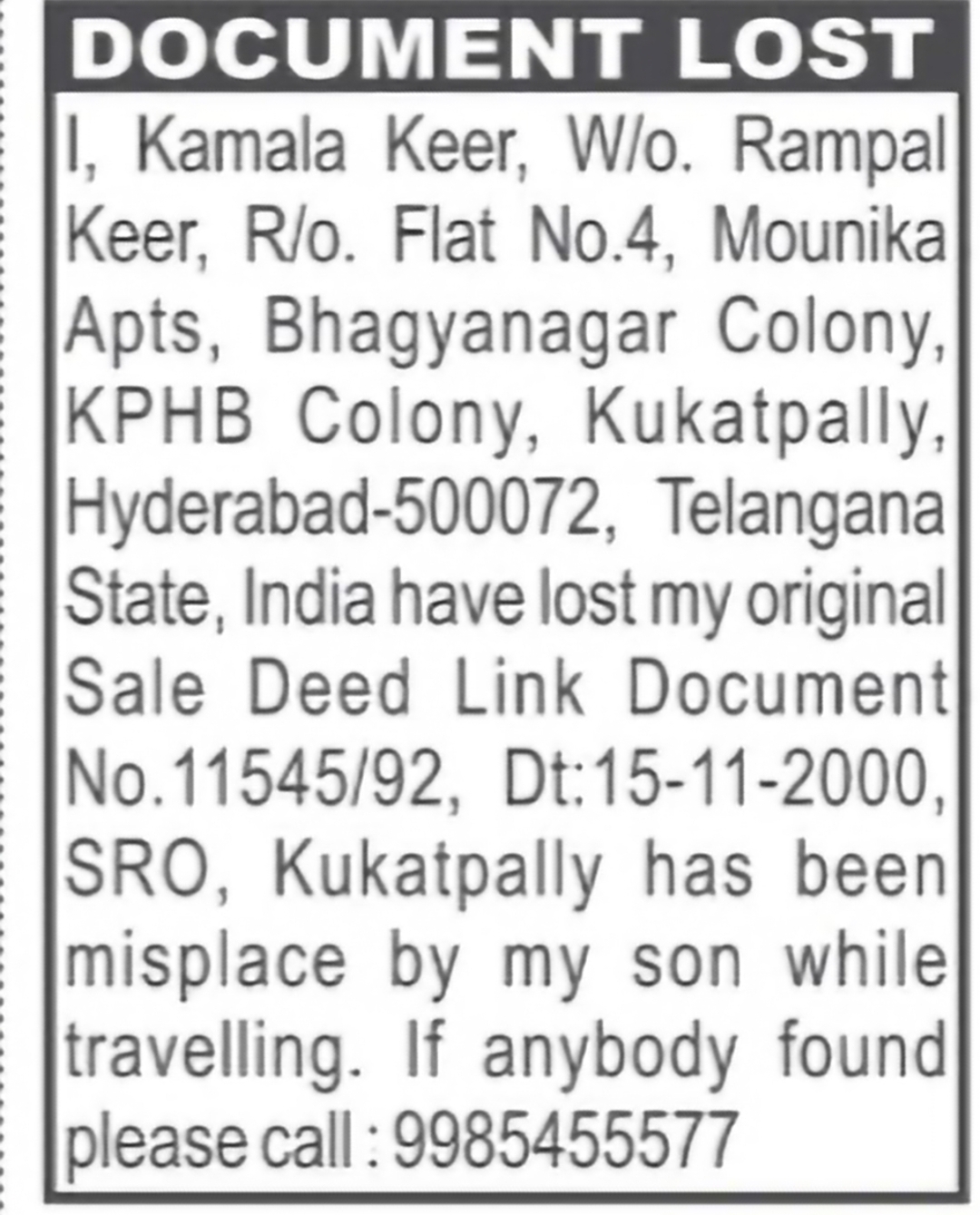 Lost Sale Deed Link Document – Kukatpally, Hyderabad