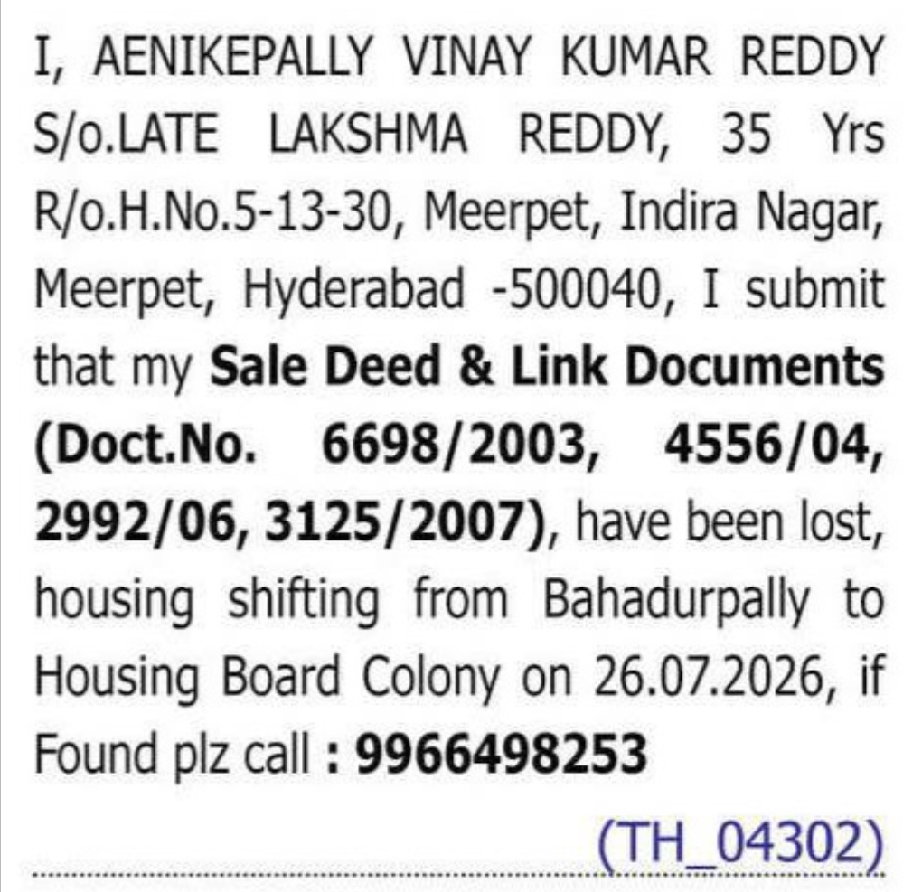 LOST SALE DEED & LINK DOCUMENTS