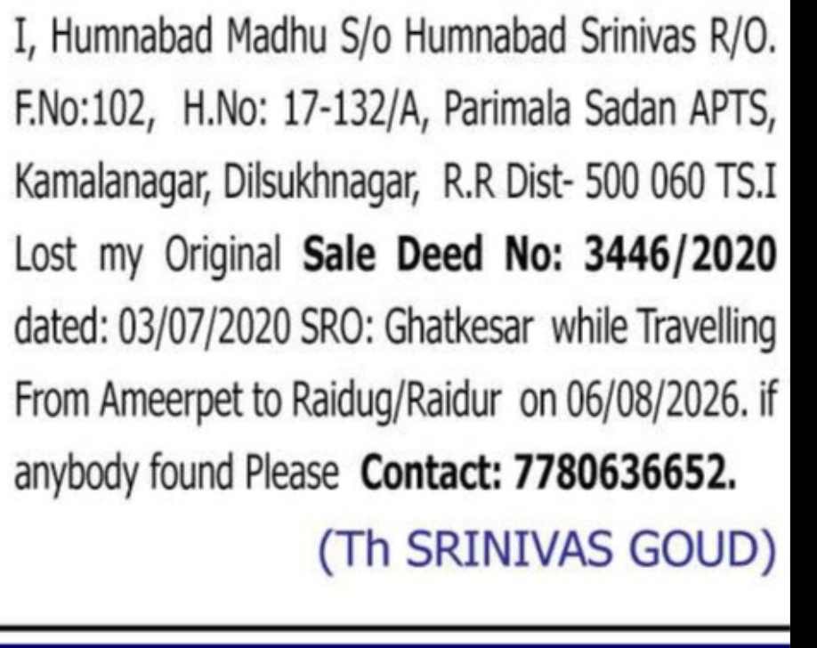 Lost Sale Deed Notice: Humnabad Madhu