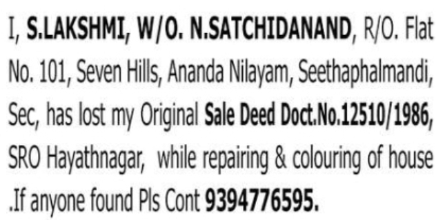 Lost Sale Deed Notice – Telangana