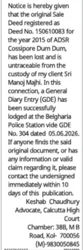 LOST SALE DEED NOTICE