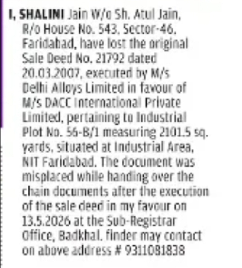 Lost Sale Deed Notice