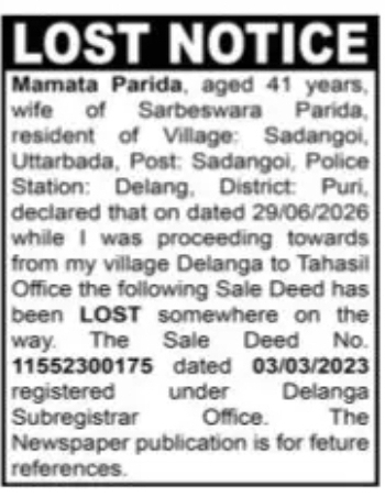 Lost Sale Deed Public Notice – Puri District