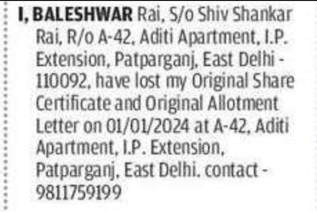 Lost Share Certificate and Allotment Letter
