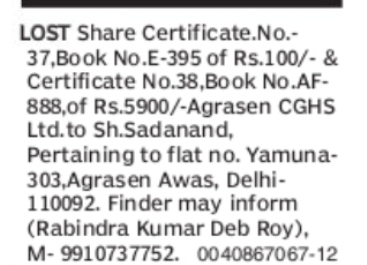 Lost Share Certificate Notice – Agrasen CGHS Ltd. Share Certificates