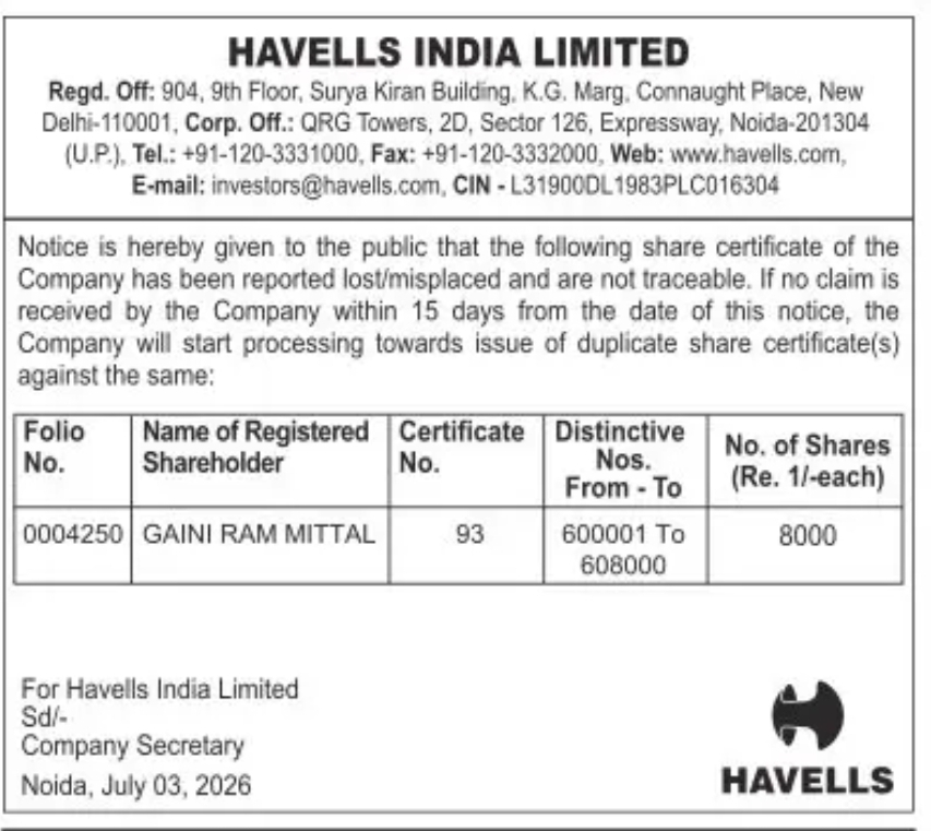 LOST SHARE CERTIFICATE NOTICE – HAVELLS INDIA LIMITED