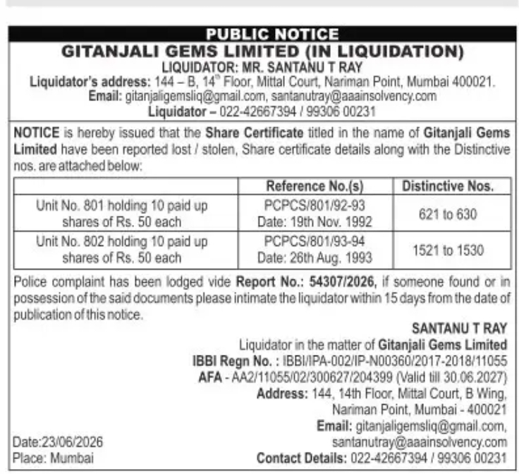 Lost Share Certificate Public Notice – Gitanjali Gems Limited (In Liquidation)