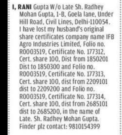 LOST SHARE CERTIFICATES NOTICE