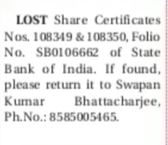 Lost Share Certificates – State Bank of India  No. SB0106662