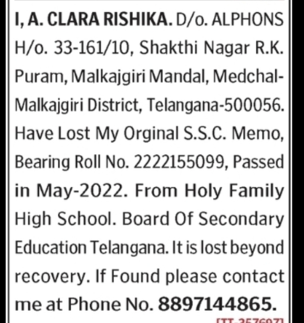 Lost SSC Memo – Medchal
