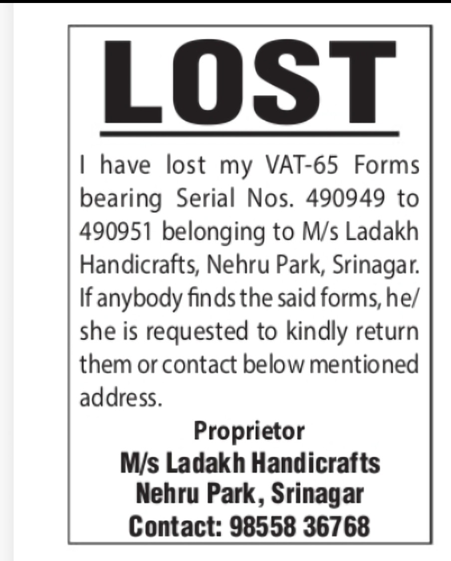 Lost VAT-65 Forms – Ladakh Handicrafts, Srinagar