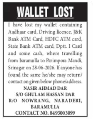 Lost Wallet Public Notice – Nasir Ahmad Dar
