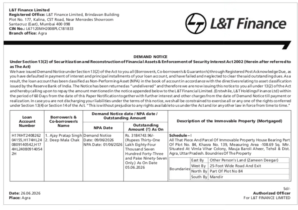 L&T Finance Demand Notice – Agra, Uttar Pradesh