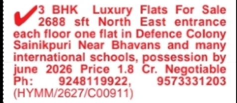 Luxury 3 BHK Flats for Sale in Defence Colony, Sainikpuri.
