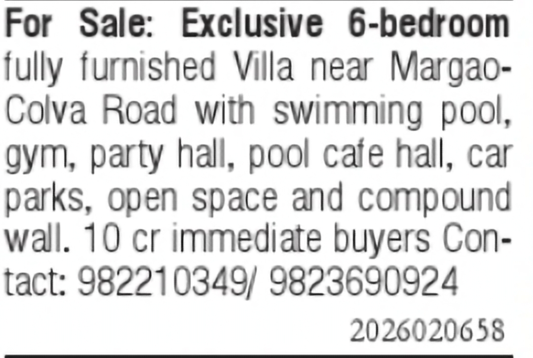 Luxury 6-Bedroom Fully Furnished Villa for Sale Near Margao-Colva Road