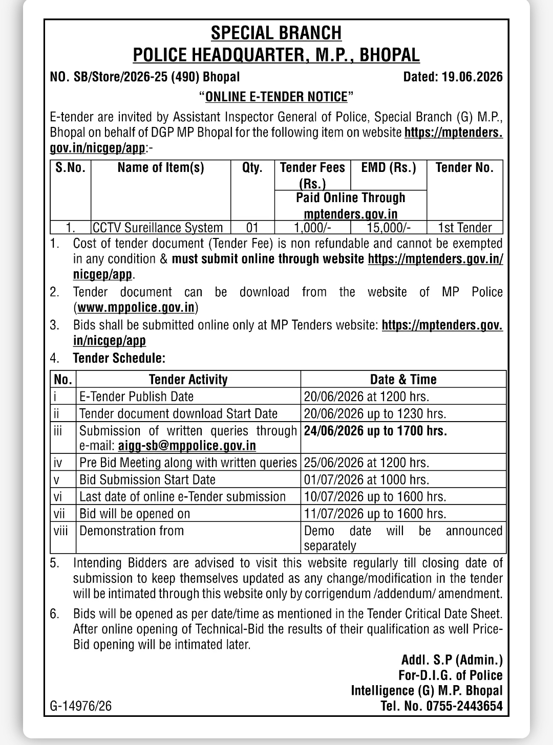 Madhya Pradesh Police – Online E-Tender Notice