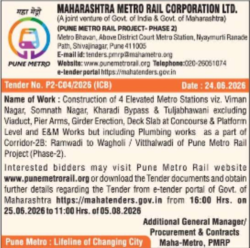 Maha-Metro Invites Global Bids for Construction of Four Elevated Metro Stations on Pune Metro Phase-2 Corridor