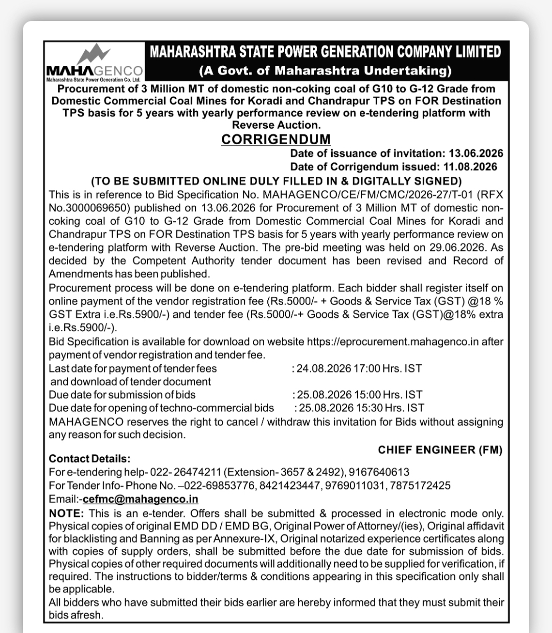 MAHAGENCO Coal Procurement Tender – Corrigendum