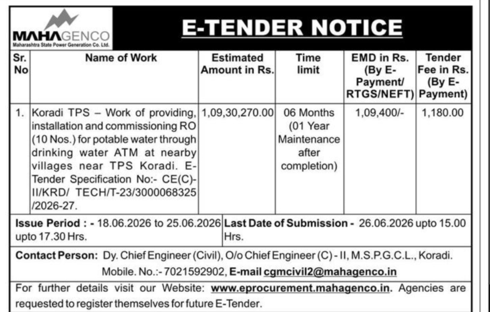 MAHAGENCO Invites E-Tender for Installation of RO Drinking Water ATMs Near Koradi TPS