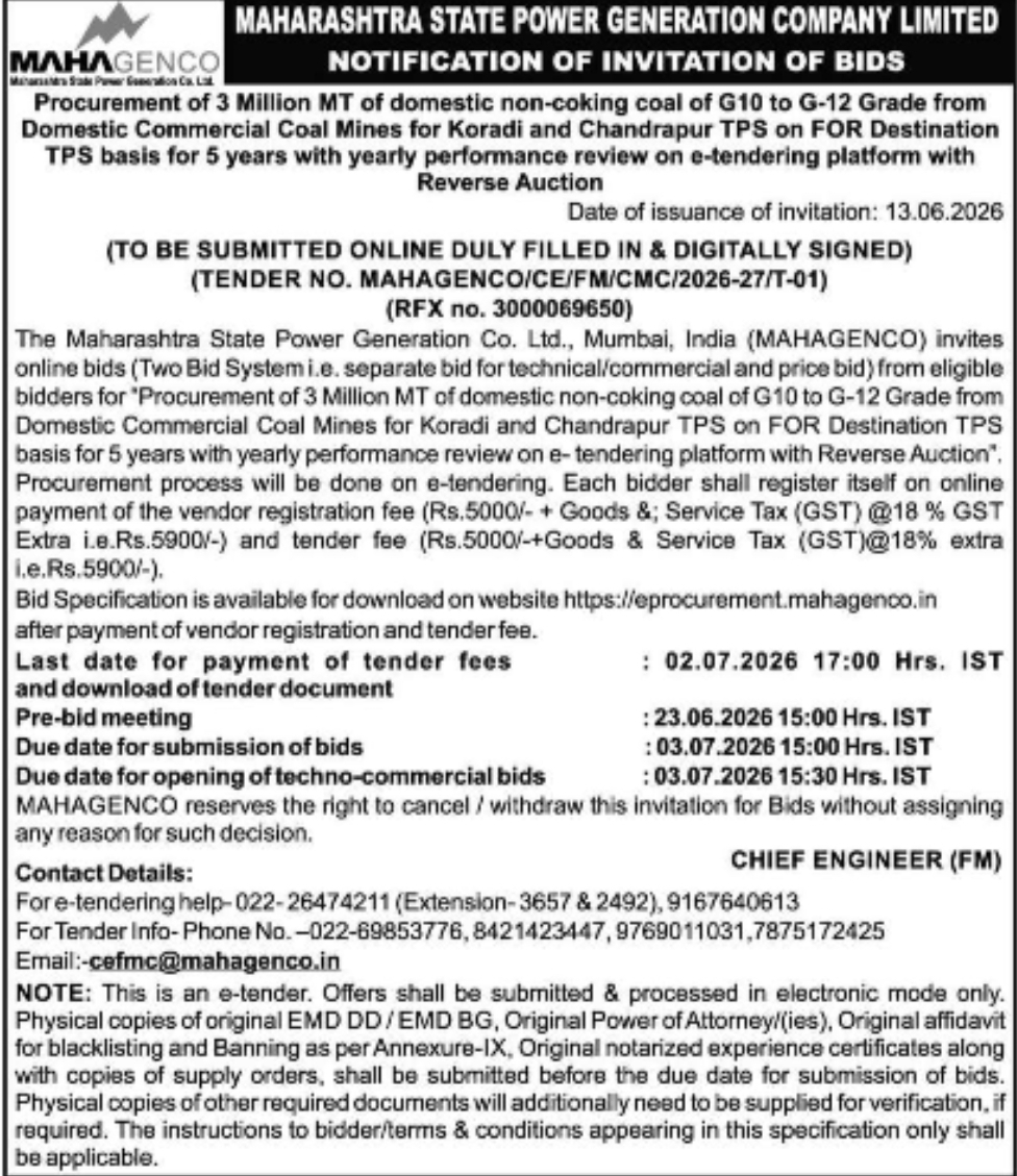 MAHAGENCO Invites E-Tender for Procurement of 3 Million MT Domestic Non-Coking Coal for Koradi and Chandrapur TPS