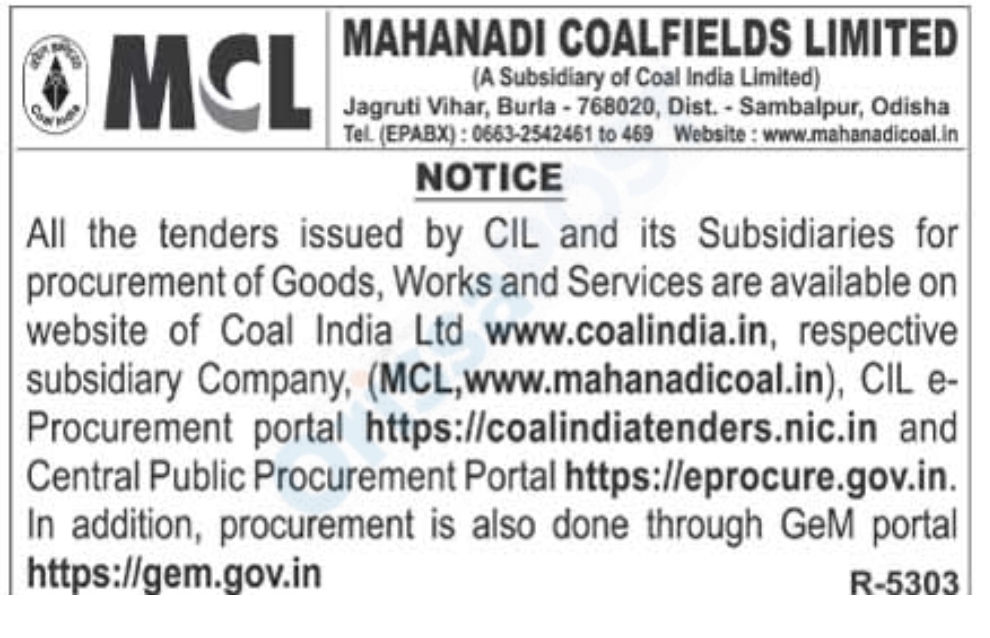 Mahanadi Coalfields Limited (MCL) Tender Notice