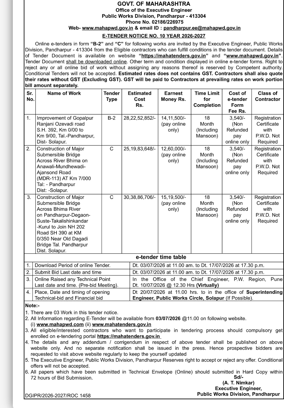 Maharashtra PWD E-Tender Notice 2026-27