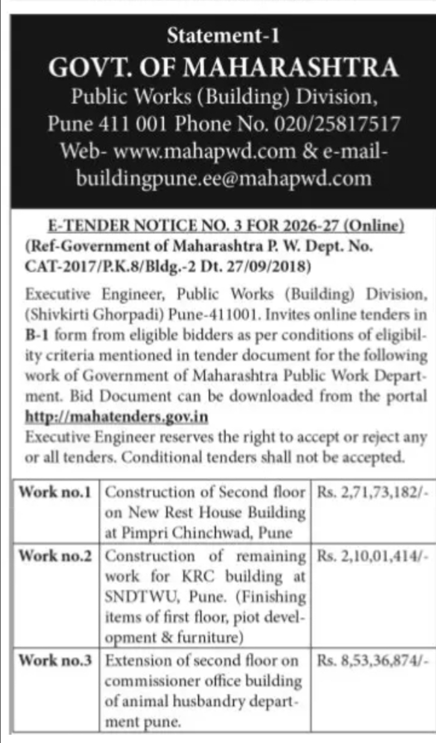 Maharashtra PWD Tender – Pune