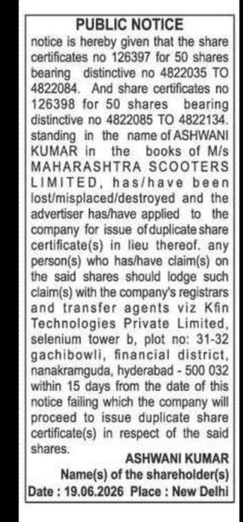 Maharashtra Scooters Limited – Lost Share Certificates Notice