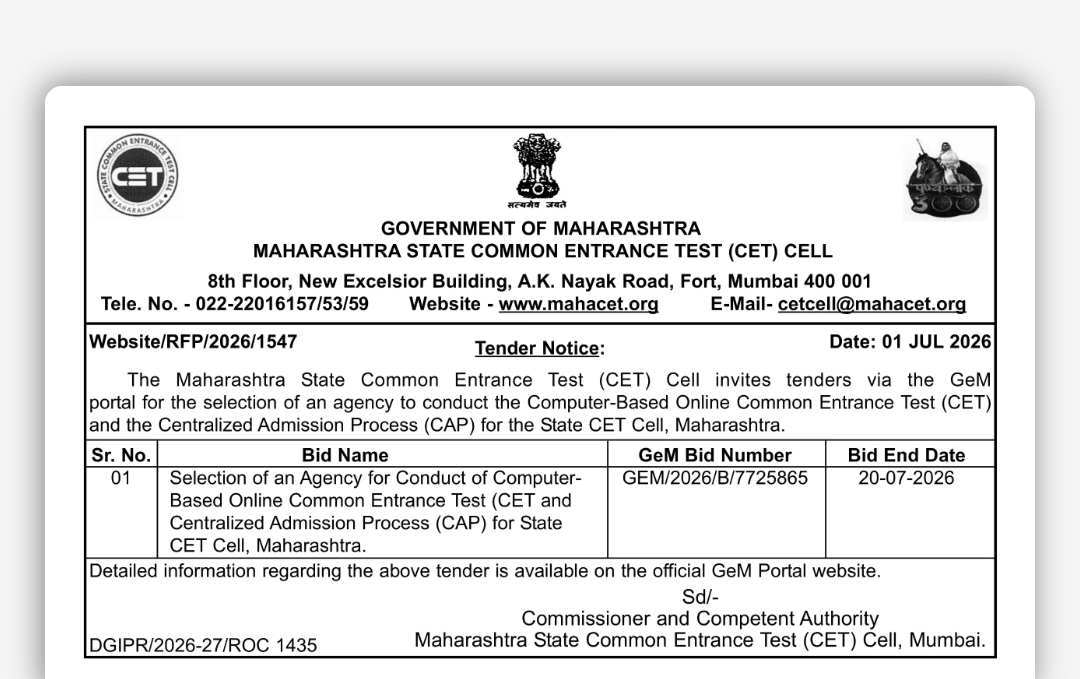Maharashtra State CET Cell Invites GeM Tender for Conduct of Online CET & CAP 2026