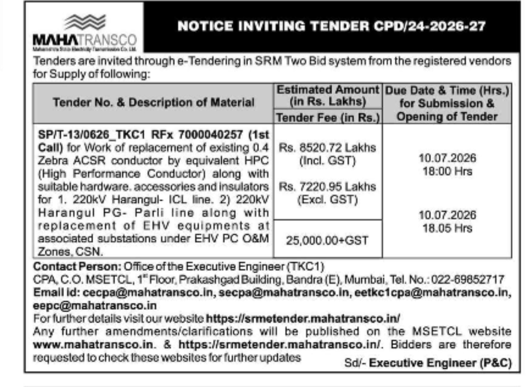 Maharashtra State Electricity Transmission Company Limited NOTICE INVITING TENDER