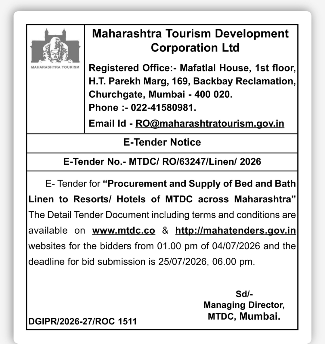 Maharashtra Tourism Development Corporation (MTDC) E-Tender for Procurement and Supply of Bed & Bath Linen Across Maharashtra