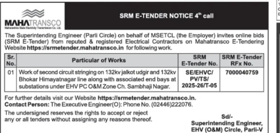 MAHATRANSCO 4th Call Tender – Second Circuit Stringing Work, Parli Circle