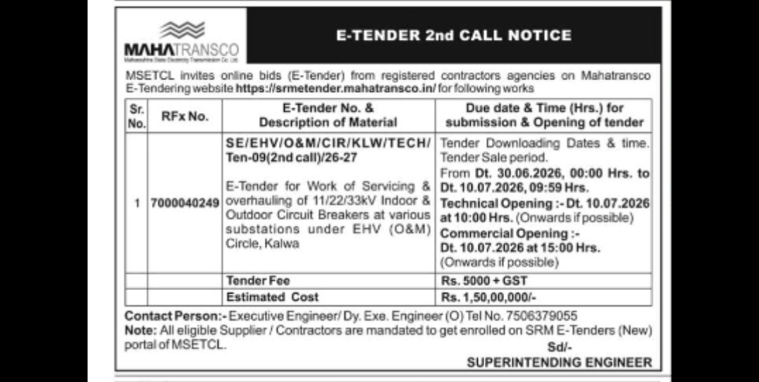 MAHATRANSCO E-Tender (2nd Call) | Circuit Breaker Servicing & Overhauling Work | Maharashtra