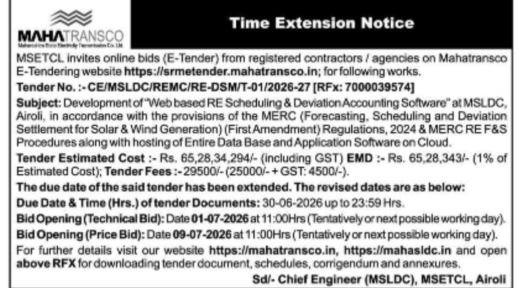 MAHATRANSCO E-Tender Time Extension Notice for Development of Web-Based RE Scheduling & Deviation Accounting Software at MSLDC Airoli
