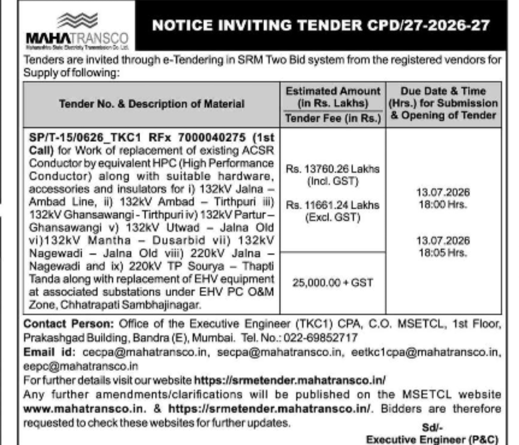 MAHATRANSCO Invites Bids for HPC Conductor Replacement and EHV Equipment Works in Maharashtra
