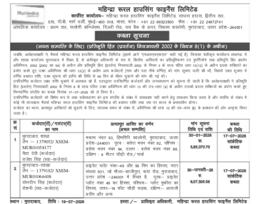 Mahindra Rural Housing Finance Limited – Possession Notice (Moradabad, Uttar Pradesh)